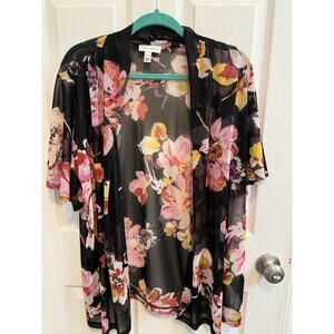 Susan Graver XL Mesh Open Cardigan Short Flared Sleeve Black Pink Floral Preown